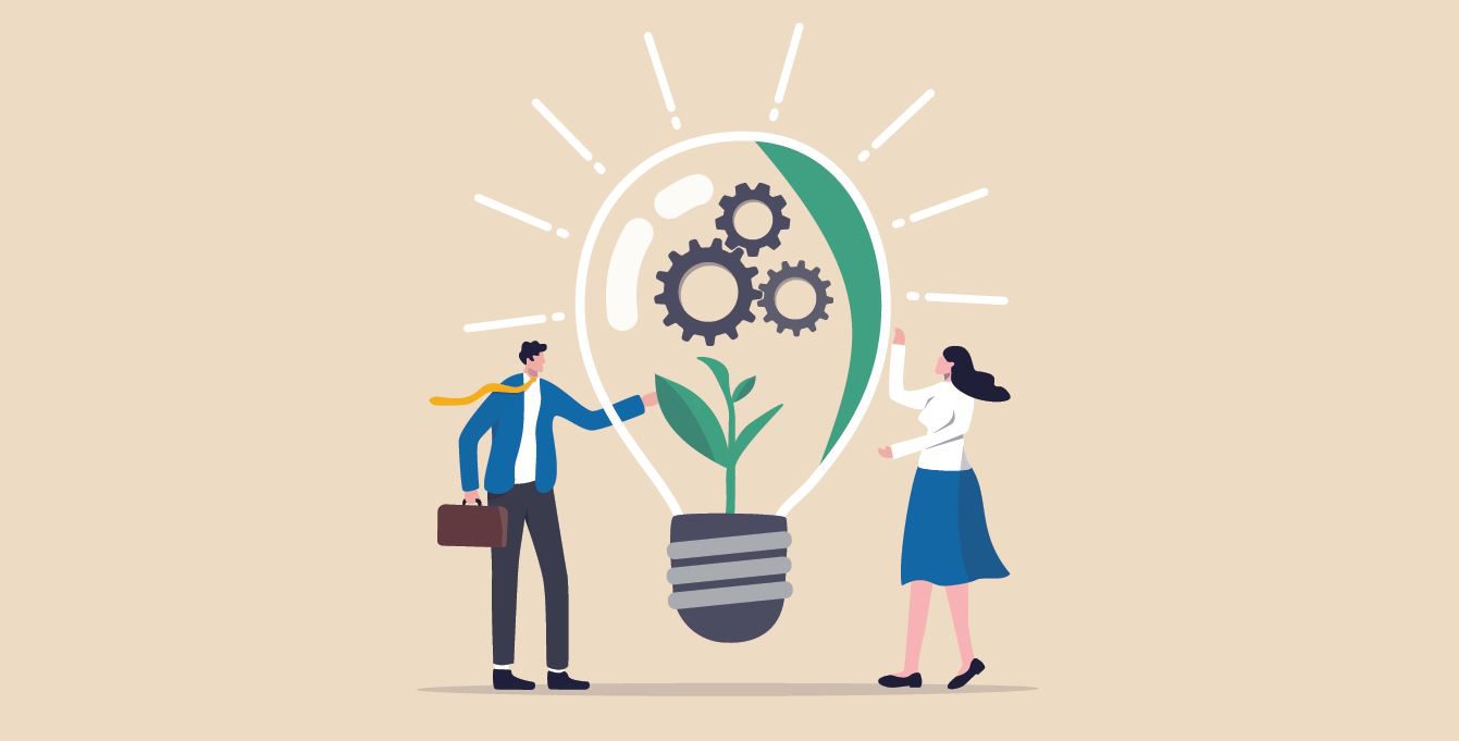 Illustration of sustainability of two people with a lightbulb